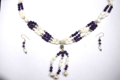 Natural White Agate Purple Amethyst Necklace Set, Handmade Beaded Statement Jewelry, Boho Gemstone Tassel Necklace Earring Set Gift For Her, BL-4571