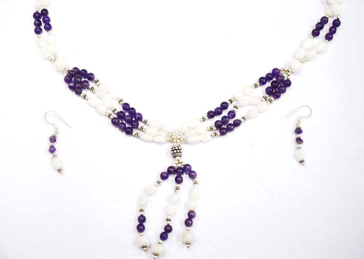 Natural White Agate Purple Amethyst Necklace Set, Handmade Beaded Statement Jewelry, Boho Gemstone Tassel Necklace Earring Set Gift For Her, BL-4571