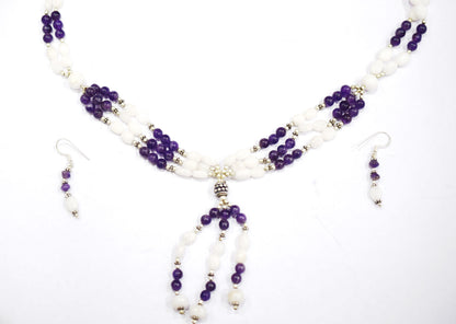 Natural White Agate Purple Amethyst Necklace Set, Handmade Beaded Statement Jewelry, Boho Gemstone Tassel Necklace Earring Set Gift For Her, BL-4571