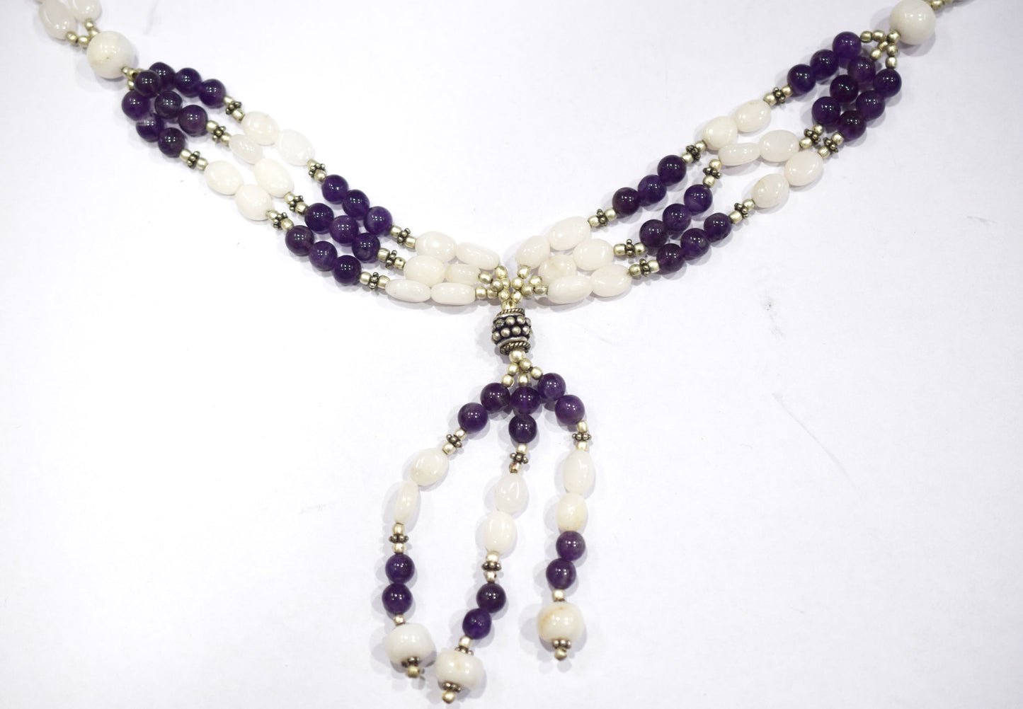 Natural White Agate Purple Amethyst Necklace Set, Handmade Beaded Statement Jewelry, Boho Gemstone Tassel Necklace Earring Set Gift For Her, BL-4571