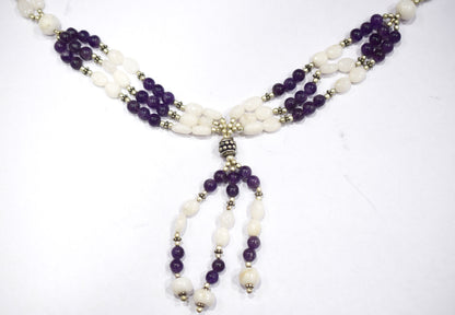 Natural White Agate Purple Amethyst Necklace Set, Handmade Beaded Statement Jewelry, Boho Gemstone Tassel Necklace Earring Set Gift For Her, BL-4571