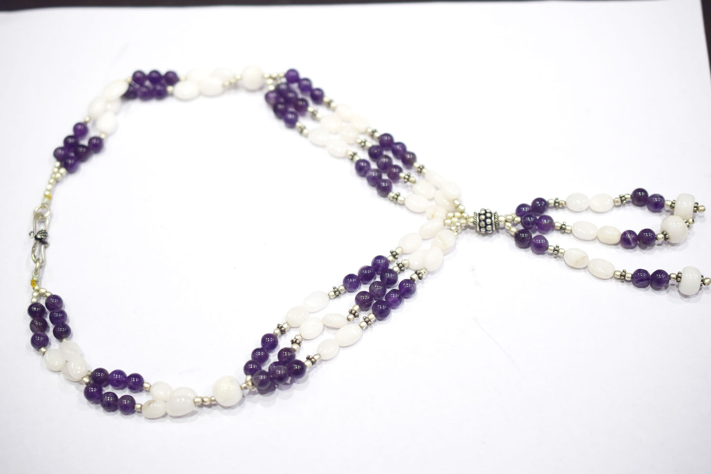 Natural White Agate Purple Amethyst Necklace Set, Handmade Beaded Statement Jewelry, Boho Gemstone Tassel Necklace Earring Set Gift For Her, BL-4571