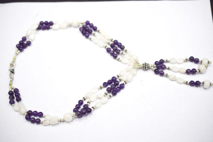 Natural White Agate Purple Amethyst Necklace Set, Handmade Beaded Statement Jewelry, Boho Gemstone Tassel Necklace Earring Set Gift For Her, BL-4571