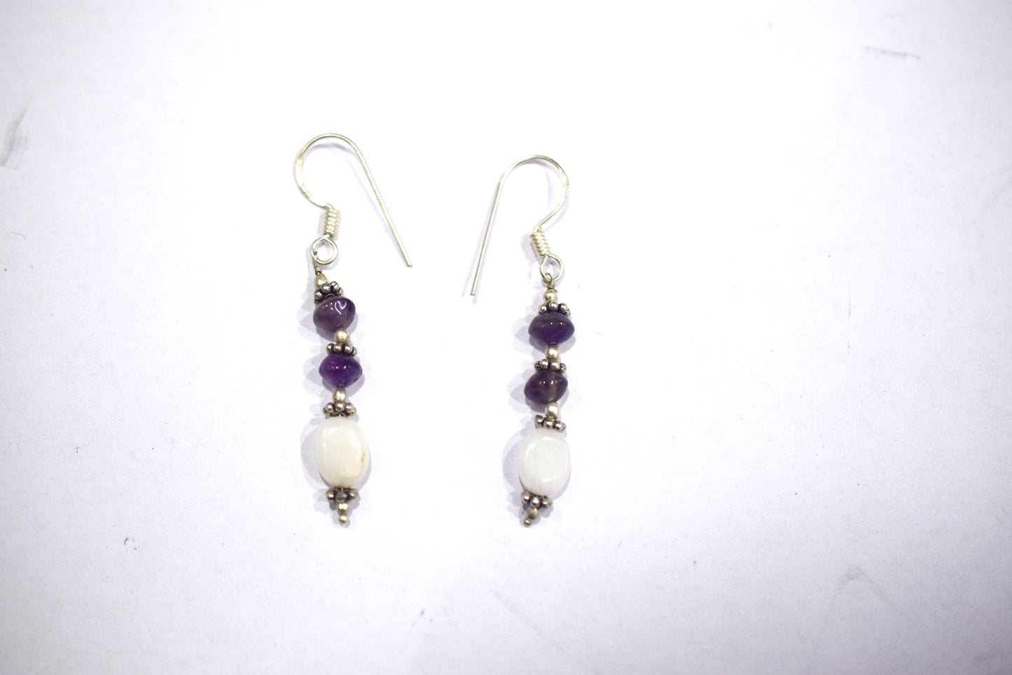 Natural White Agate Purple Amethyst Necklace Set, Handmade Beaded Statement Jewelry, Boho Gemstone Tassel Necklace Earring Set Gift For Her, BL-4571