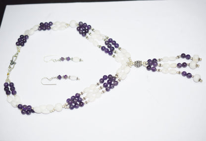 Natural White Agate Purple Amethyst Necklace Set, Handmade Beaded Statement Jewelry, Boho Gemstone Tassel Necklace Earring Set Gift For Her, BL-4571