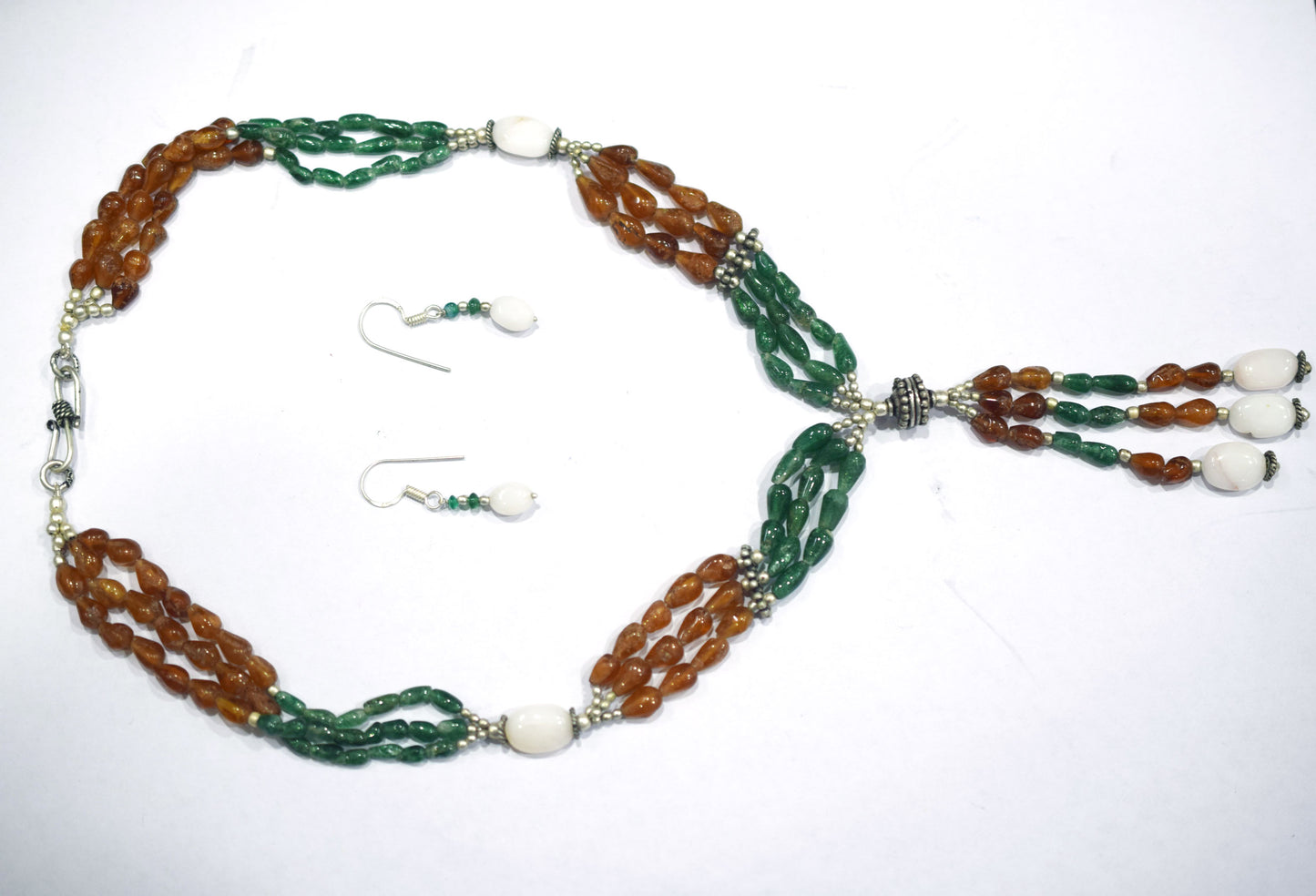 Natural Green Aventurine Brown Garnet Necklace Set, Handmade Beaded Statement Jewelry, White Agate Boho Tassel Necklace Earring Set Gift For Her,BL-4572