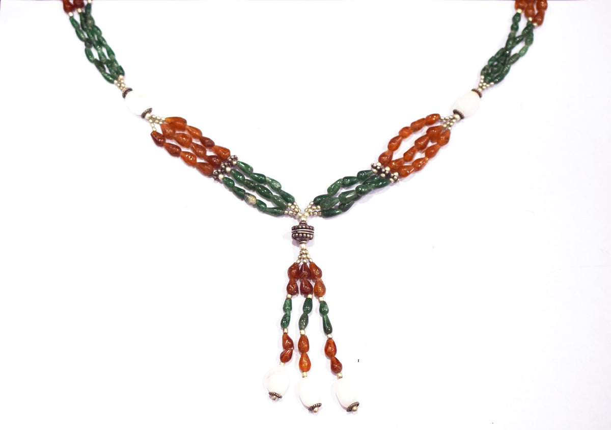 Natural Green Aventurine Hesonite white Agate Necklace Set, Handmade Beaded Statement Jewelry, White Agate Boho Tassel Necklace Earring Set Gift For Her,BL-4572