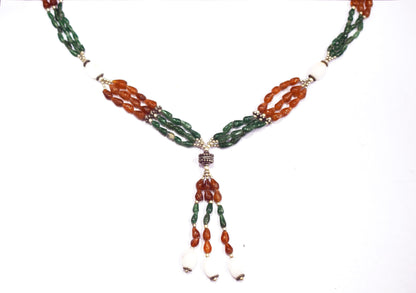Natural Green Aventurine Hesonite white Agate Necklace Set, Handmade Beaded Statement Jewelry, White Agate Boho Tassel Necklace Earring Set Gift For Her,BL-4572