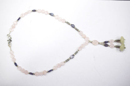 Natural Rose Quartz Purple Amethyst Necklace Set, Handmade Beaded Statement Jewelry, Pale Green Jade Boho Tassel Necklace Earring Set Gift For Her, BL-4573