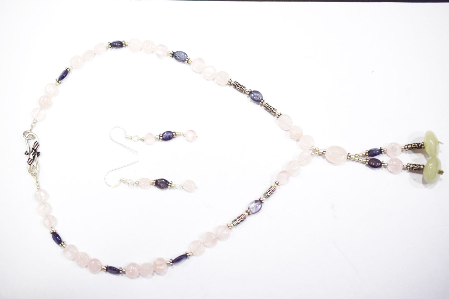 Natural Rose Quartz Purple Amethyst Necklace Set, Handmade Beaded Statement Jewelry, Pale Green Jade Boho Tassel Necklace Earring Set Gift For Her, BL-4573