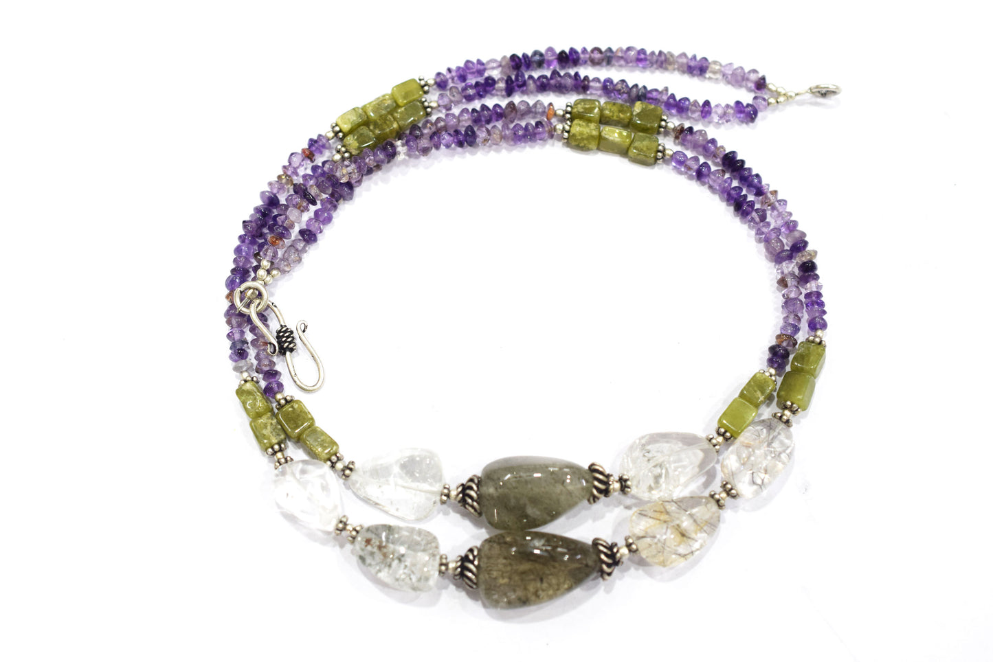 Rutilated Quartz Amethyst Necklace Set, Handmade Double Strand Gemstone Jewelry Gift For Her, BL-4574