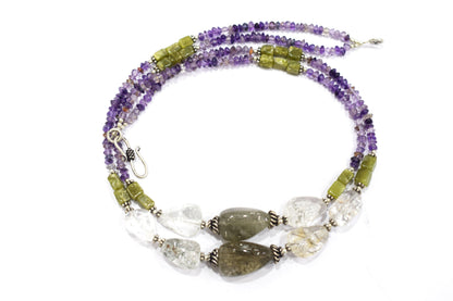 Rutilated Quartz Amethyst Necklace Set, Handmade Double Strand Gemstone Jewelry Gift For Her, BL-4574