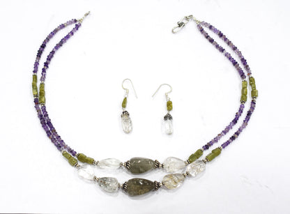 Rutilated Quartz Amethyst Necklace Set, Handmade Double Strand Gemstone Jewelry Gift For Her, BL-4574