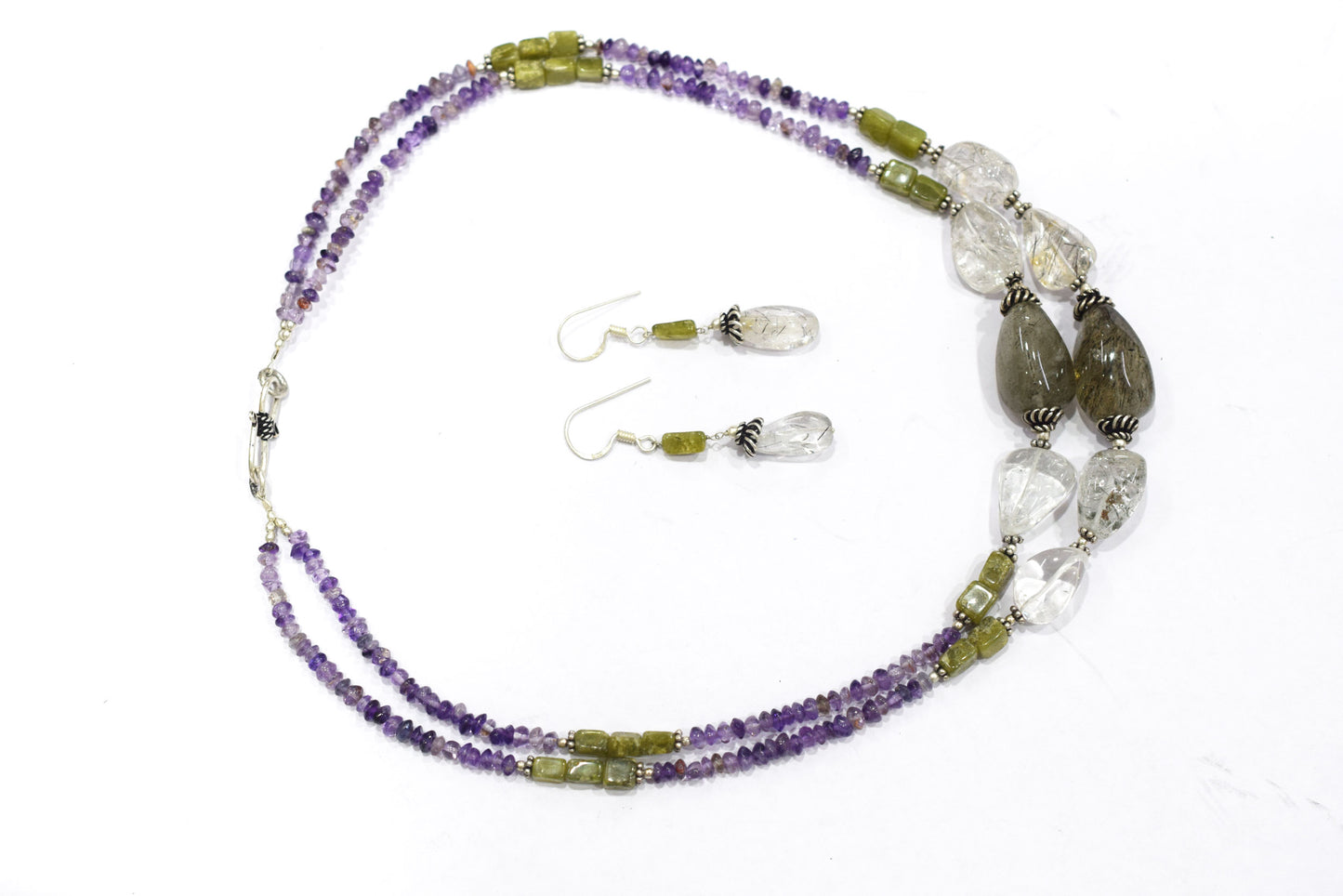 Rutilated Quartz Amethyst Necklace Set, Handmade Double Strand Gemstone Jewelry Gift For Her, BL-4574
