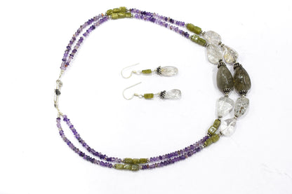 Rutilated Quartz Amethyst Necklace Set, Handmade Double Strand Gemstone Jewelry Gift For Her, BL-4574