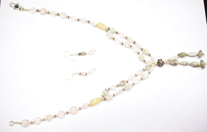 Rose Quartz Labradorite Necklace Set, Handmade Pastel Gemstone Beaded Tassel Jewelry Gift For Her,BL-4575