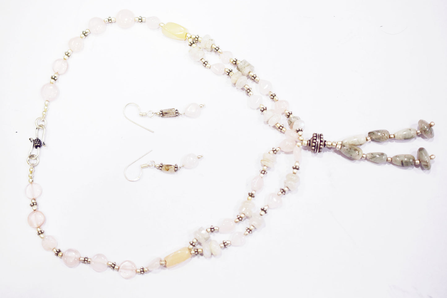 Rose Quartz Labradorite Necklace Set, Handmade Pastel Gemstone Beaded Tassel Jewelry Gift For Her,BL-4575