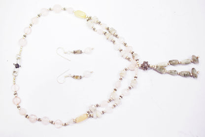 Rose Quartz Labradorite Necklace Set, Handmade Pastel Gemstone Beaded Tassel Jewelry Gift For Her,BL-4575