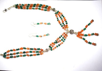 Natural Carnelian Green Aventurine Necklace Set, Handmade Multi Strand Beaded Statement Jewelry, Boho Tassel Necklace Earring Set Gift For Her, BL-4576