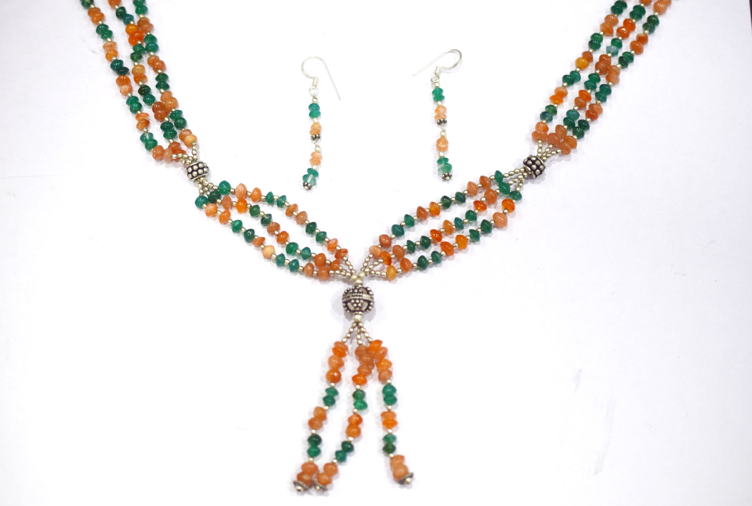 Natural Carnelian Green Aventurine Necklace Set, Handmade Multi Strand Beaded Statement Jewelry, Boho Tassel Necklace Earring Set Gift For Her, BL-4576
