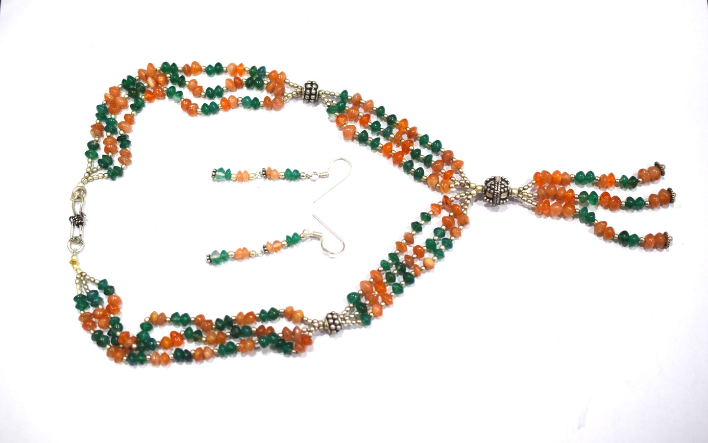 Natural Carnelian Green Aventurine Necklace Set, Handmade Multi Strand Beaded Statement Jewelry, Boho Tassel Necklace Earring Set Gift For Her, BL-4576