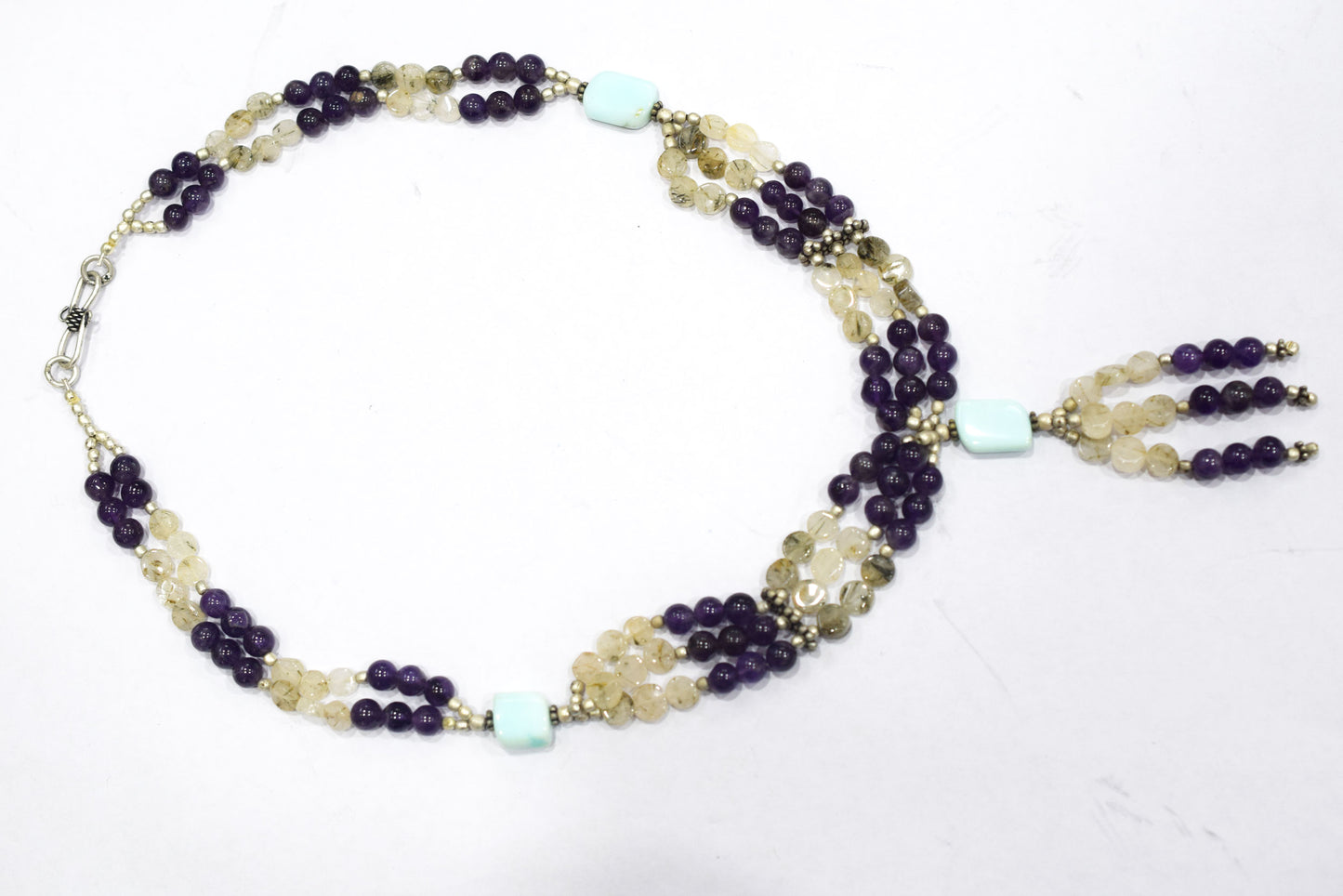 Natural Amethyst Rutilated Quartz Necklace Set, Handmade Multi Strand Beaded Statement Jewelry, Turquoise Amazonite Accent Tassel Necklace Earring Set Gift For Her, BL-4577