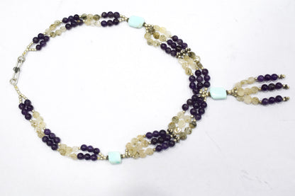 Natural Amethyst Rutilated Quartz Necklace Set, Handmade Multi Strand Beaded Statement Jewelry, Turquoise Amazonite Accent Tassel Necklace Earring Set Gift For Her, BL-4577
