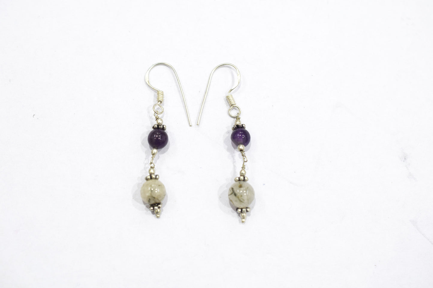 Natural Amethyst Rutilated Quartz Necklace Set, Handmade Multi Strand Beaded Statement Jewelry, Turquoise Amazonite Accent Tassel Necklace Earring Set Gift For Her, BL-4577