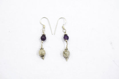 Natural Amethyst Rutilated Quartz Necklace Set, Handmade Multi Strand Beaded Statement Jewelry, Turquoise Amazonite Accent Tassel Necklace Earring Set Gift For Her, BL-4577