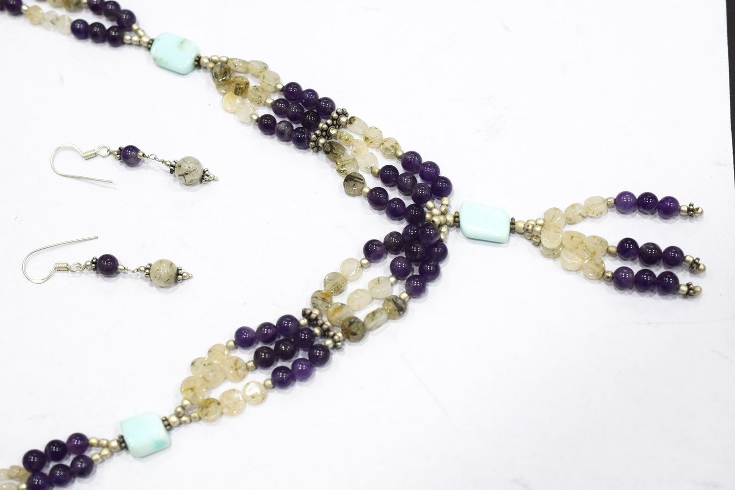Natural Amethyst Rutilated Quartz Necklace Set, Handmade Multi Strand Beaded Statement Jewelry, Turquoise Amazonite Accent Tassel Necklace Earring Set Gift For Her, BL-4577