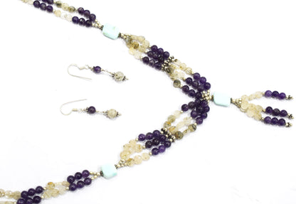 Natural Amethyst Rutilated Quartz Necklace Set, Handmade Multi Strand Beaded Statement Jewelry, Turquoise Amazonite Accent Tassel Necklace Earring Set Gift For Her, BL-4577