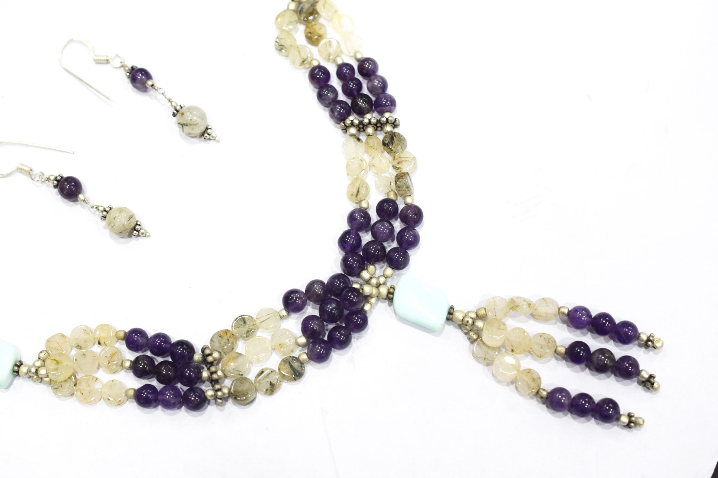 Natural Amethyst Rutilated Quartz Blue Opal Necklace Set, Handmade Multi Strand Beaded Statement Jewelry, Turquoise Amazonite Accent Tassel Necklace Earring Set Gift For Her, BL-4577