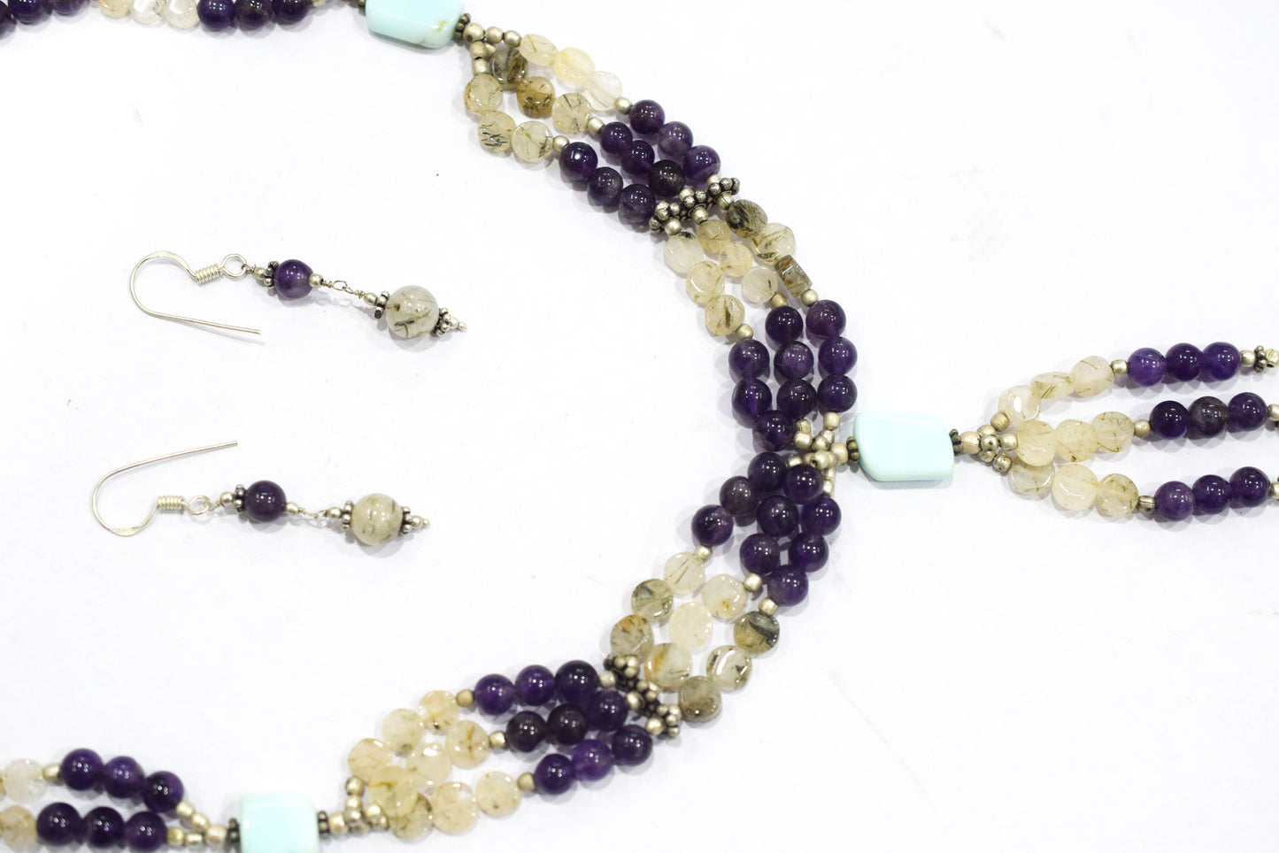 Natural Amethyst Rutilated Quartz Necklace Set, Handmade Multi Strand Beaded Statement Jewelry, Turquoise Amazonite Accent Tassel Necklace Earring Set Gift For Her, BL-4577