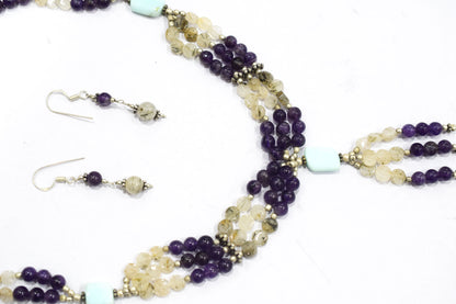 Natural Amethyst Rutilated Quartz Necklace Set, Handmade Multi Strand Beaded Statement Jewelry, Turquoise Amazonite Accent Tassel Necklace Earring Set Gift For Her, BL-4577