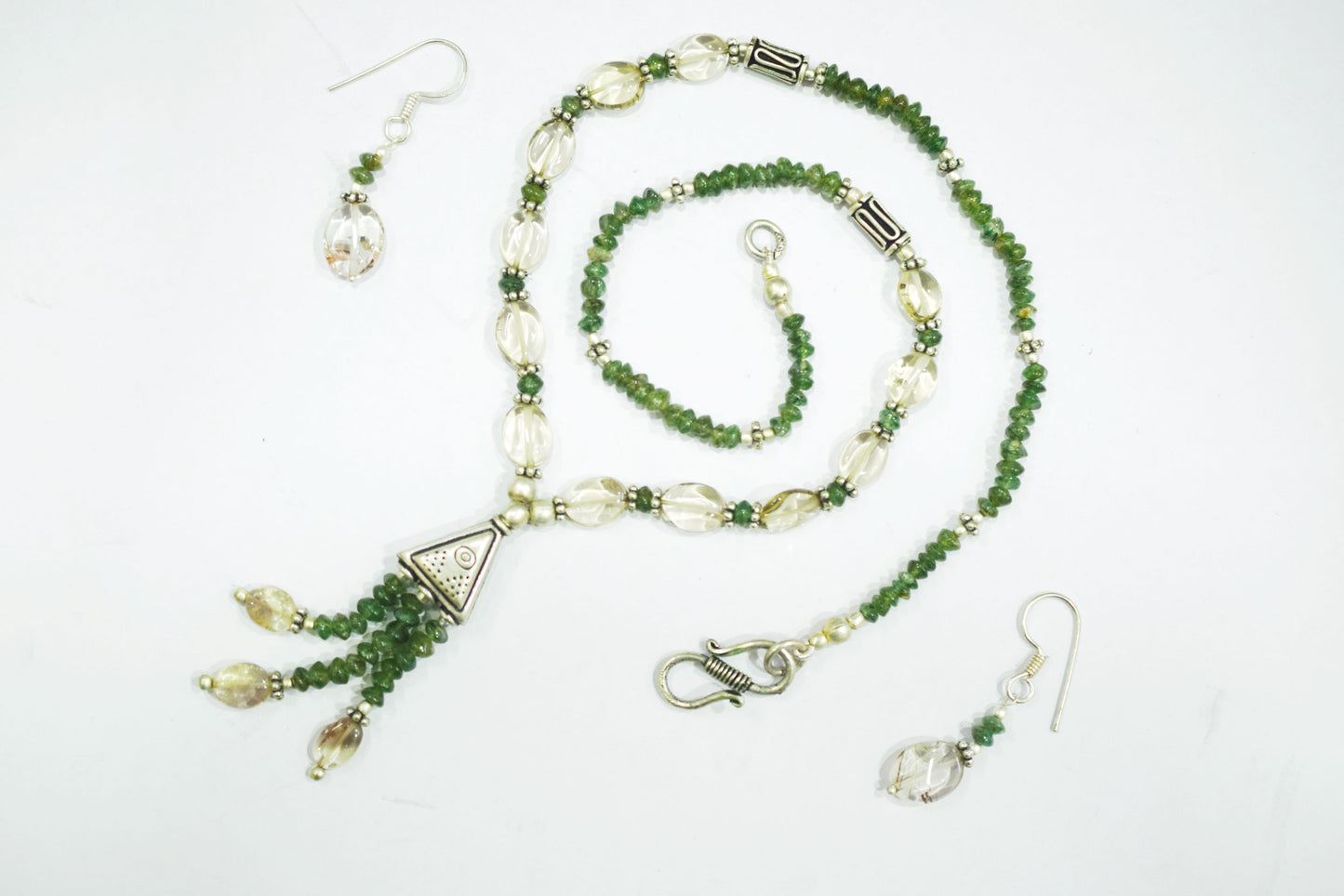 Natural Green Aventurine Rutilated Quartz Necklace Set, Handmade Beaded Statement Jewelry, Boho Tassel Necklace Dangle Earring Set Gift For Her , BL-4578