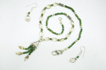 Natural Green Aventurine Rutilated Quartz Necklace Set, Handmade Beaded Statement Jewelry, Boho Tassel Necklace Dangle Earring Set Gift For Her , BL-4578