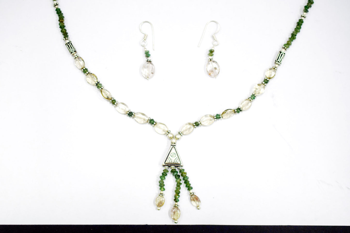 Natural Green Aventurine Rutilated Quartz Necklace Set, Handmade Beaded Statement Jewelry, Boho Tassel Necklace Dangle Earring Set Gift For Her , BL-4578