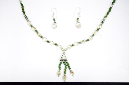 Natural Green Aventurine Rutilated Quartz Necklace Set, Handmade Beaded Statement Jewelry, Boho Tassel Necklace Dangle Earring Set Gift For Her , BL-4578