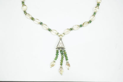 Natural Green Aventurine Rutilated Quartz Necklace Set, Handmade Beaded Statement Jewelry, Boho Tassel Necklace Dangle Earring Set Gift For Her , BL-4578