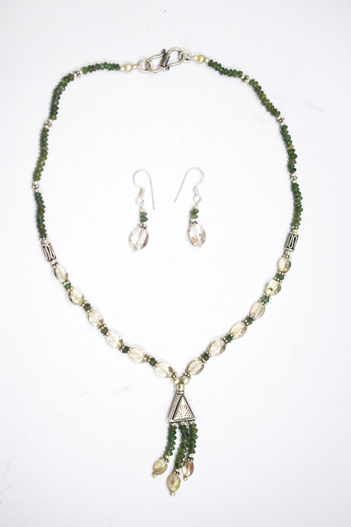 Natural Green Aventurine Rutilated Quartz Necklace Set, Handmade Beaded Statement Jewelry, Boho Tassel Necklace Dangle Earring Set Gift For Her , BL-4578