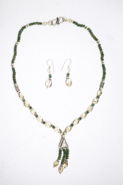 Natural Green Aventurine Rutilated Quartz Necklace Set, Handmade Beaded Statement Jewelry, Boho Tassel Necklace Dangle Earring Set Gift For Her , BL-4578