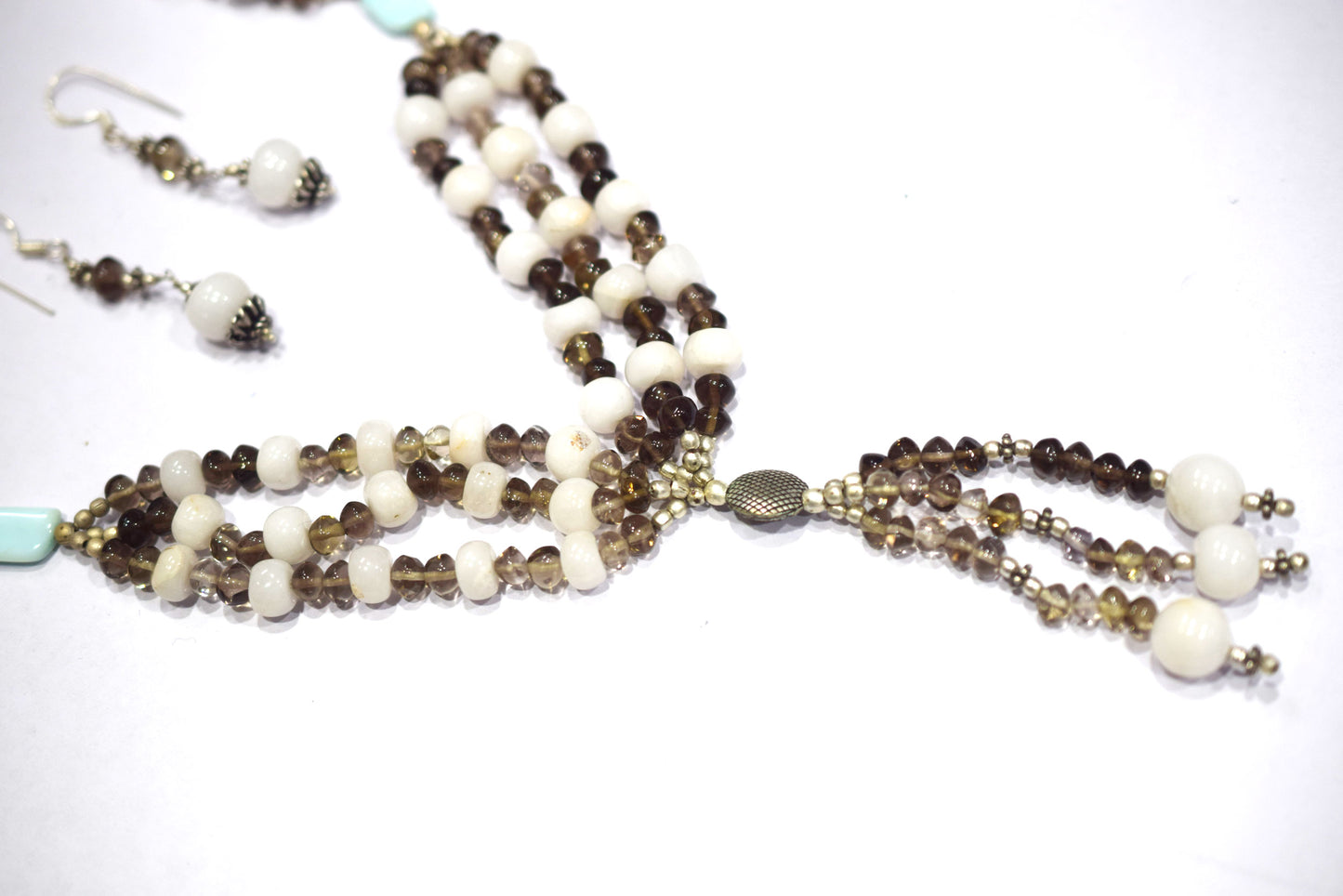 Natural Smoky Quartz White Agate Necklace Set, Handmade Multi Strand Beaded Statement Jewelry, Boho Tassel Necklace Earring Set Gift For Her , BL-4580
