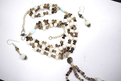 Natural Smoky Quartz White Agate Necklace Set, Handmade Multi Strand Beaded Statement Jewelry, Boho Tassel Necklace Earring Set Gift For Her , BL-4580