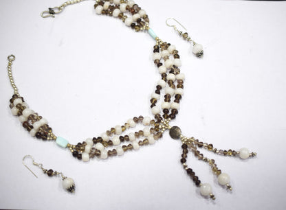 Natural Smoky Quartz White Agate Necklace Set, Handmade Multi Strand Beaded Statement Jewelry, Boho Tassel Necklace Earring Set Gift For Her , BL-4580