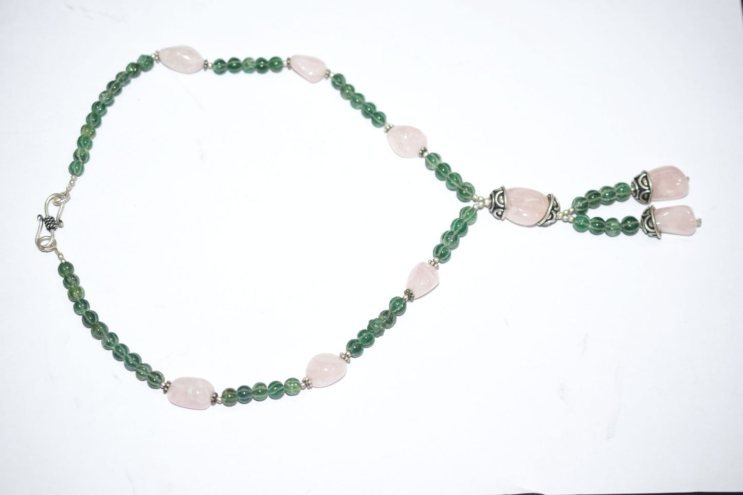 Natural Rose Quartz Green Aventurine Necklace Set, Handmade Beaded Y Drop Statement Jewelry, Boho Tassel Necklace Dangle Earring Set Gift For Her, BL-4581