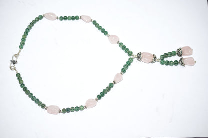 Natural Rose Quartz Green Aventurine Necklace Set, Handmade Beaded Y Drop Statement Jewelry, Boho Tassel Necklace Dangle Earring Set Gift For Her, BL-4581