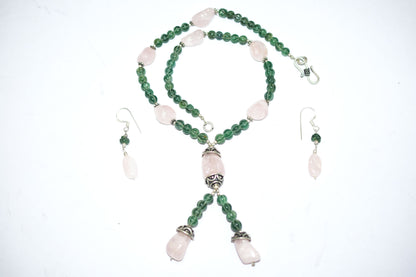 Natural Rose Quartz Green Aventurine Necklace Set, Handmade Beaded Y Drop Statement Jewelry, Boho Tassel Necklace Dangle Earring Set Gift For Her, BL-4581