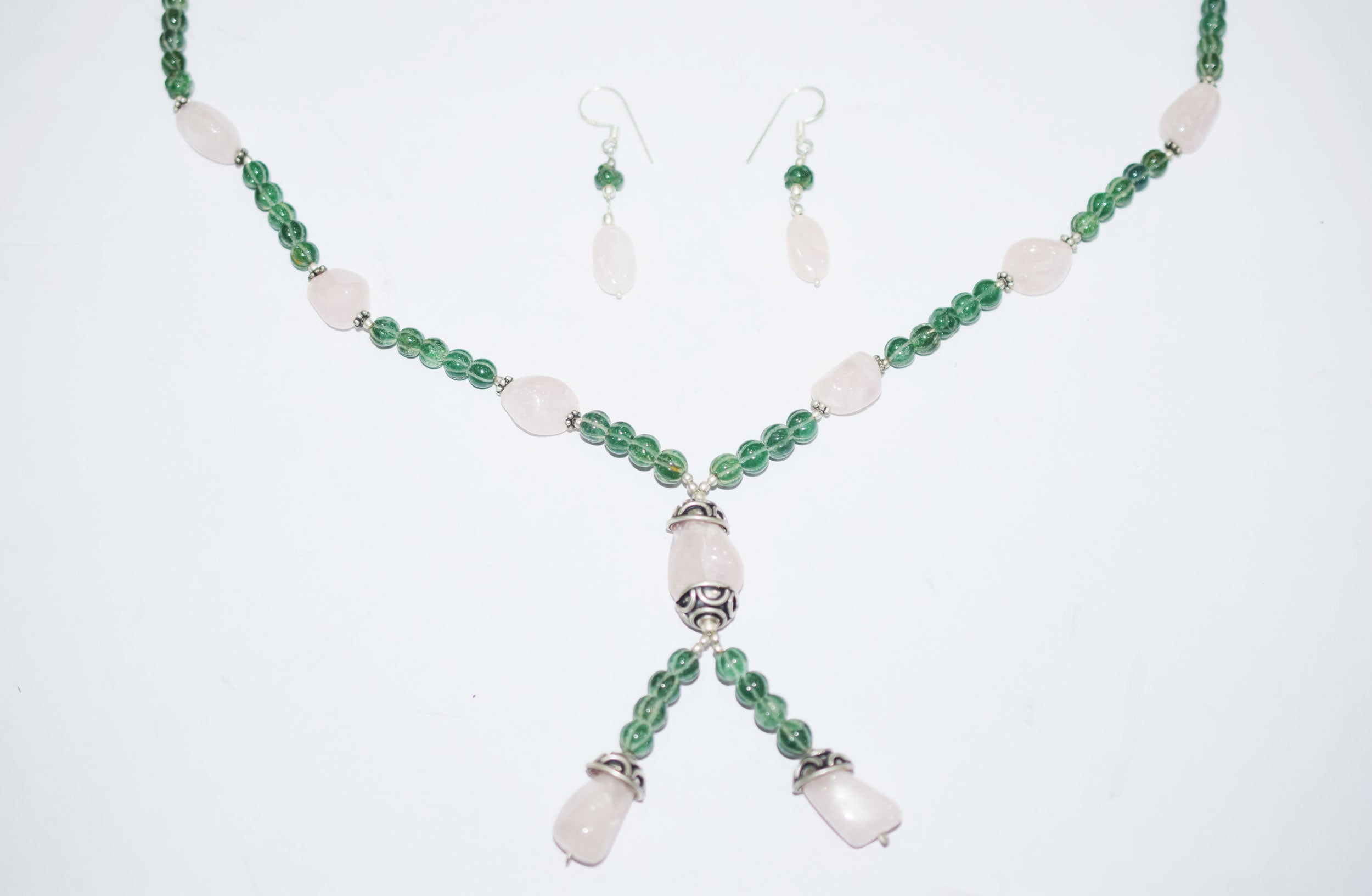 Natural Rose Quartz Green Aventurine Necklace Set, Handmade Beaded Y Drop Statement Jewelry, Boho Tassel Necklace Dangle Earring Set Gift For Her, BL-4581