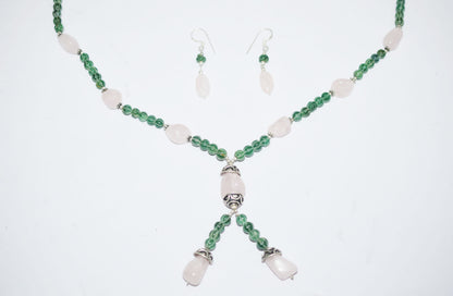 Natural Rose Quartz Green Aventurine Necklace Set, Handmade Beaded Y Drop Statement Jewelry, Boho Tassel Necklace Dangle Earring Set Gift For Her, BL-4581