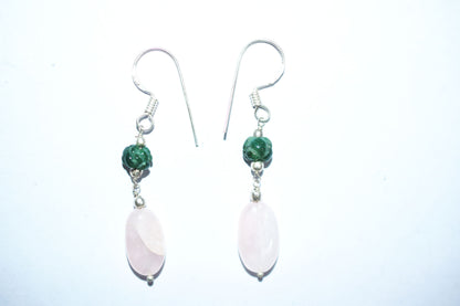 Natural Rose Quartz Green Aventurine Necklace Set, Handmade Beaded Y Drop Statement Jewelry, Boho Tassel Necklace Dangle Earring Set Gift For Her, BL-4581